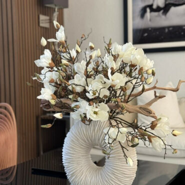 White Magnolia Arrangement in Textured Ceramic Circle Vase