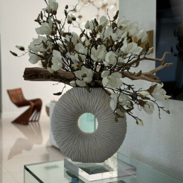 White Magnolia Arrangement in Textured Ceramic Circle Vase