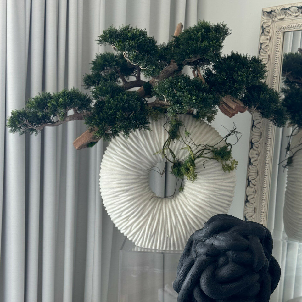 Contemporary Bonsai Art Sculpture in Textured White Circle Vase