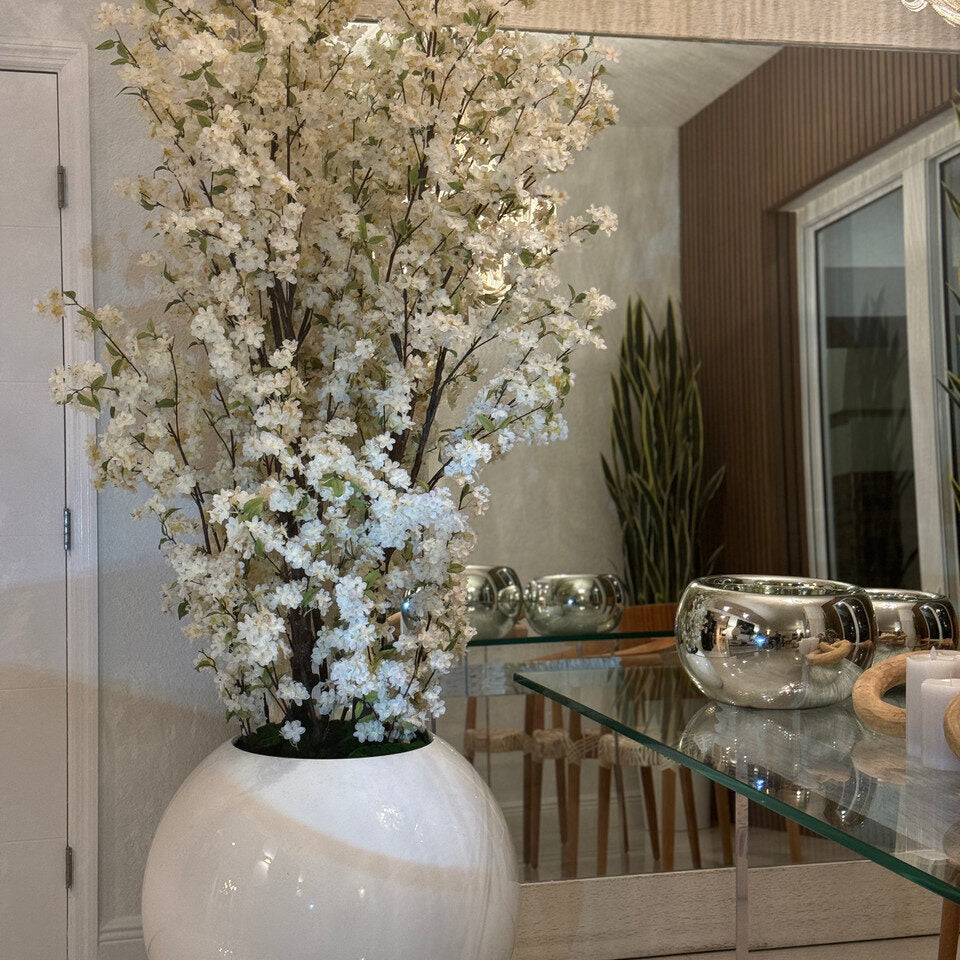Luxurious White Artificial Cherry Blossom Arrangement – Gloss Porcelain Planter