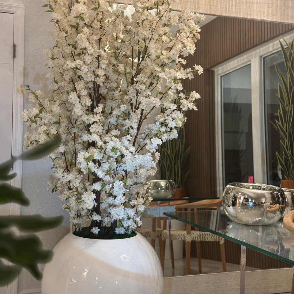 Luxurious White Artificial Cherry Blossom Arrangement – Gloss Porcelain Planter