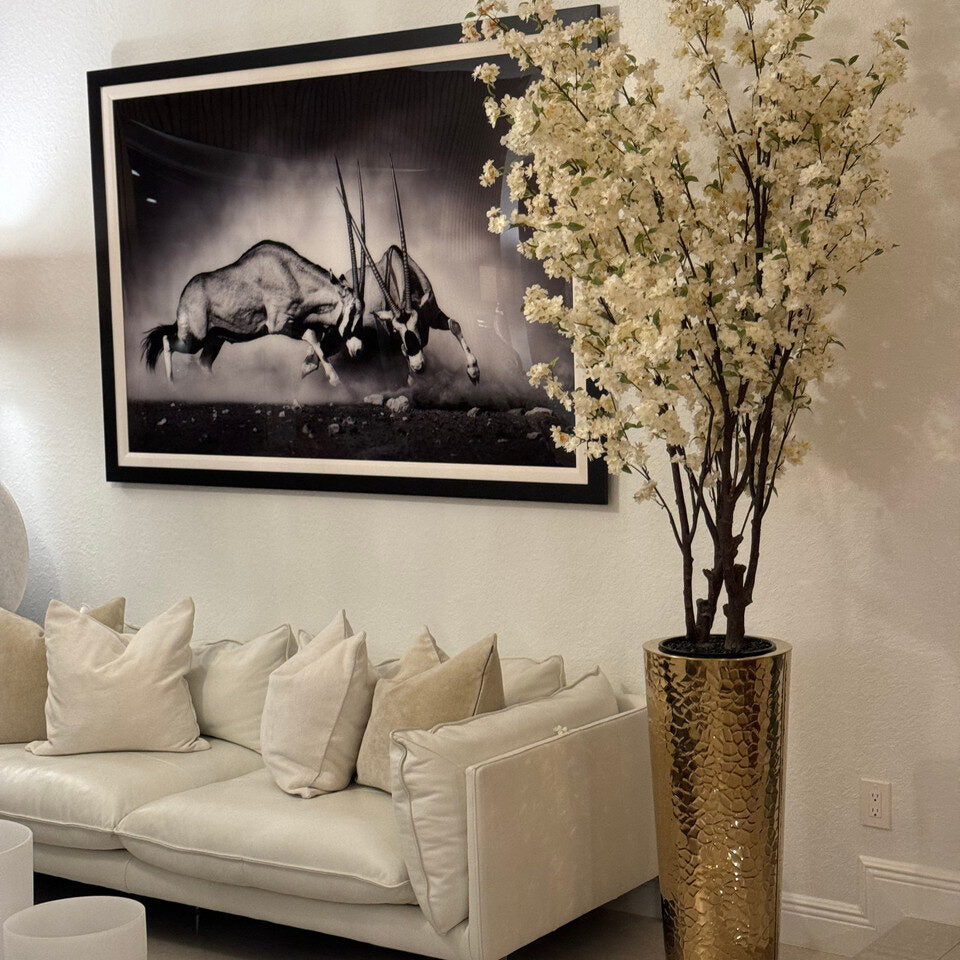 Luxury Artificial White Cherry Blossom Arrangement – Tall Gold Hammered Vase Edition