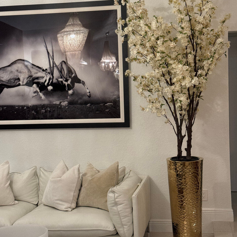 Luxury Artificial White Cherry Blossom Arrangement – Tall Gold Hammered Vase Edition