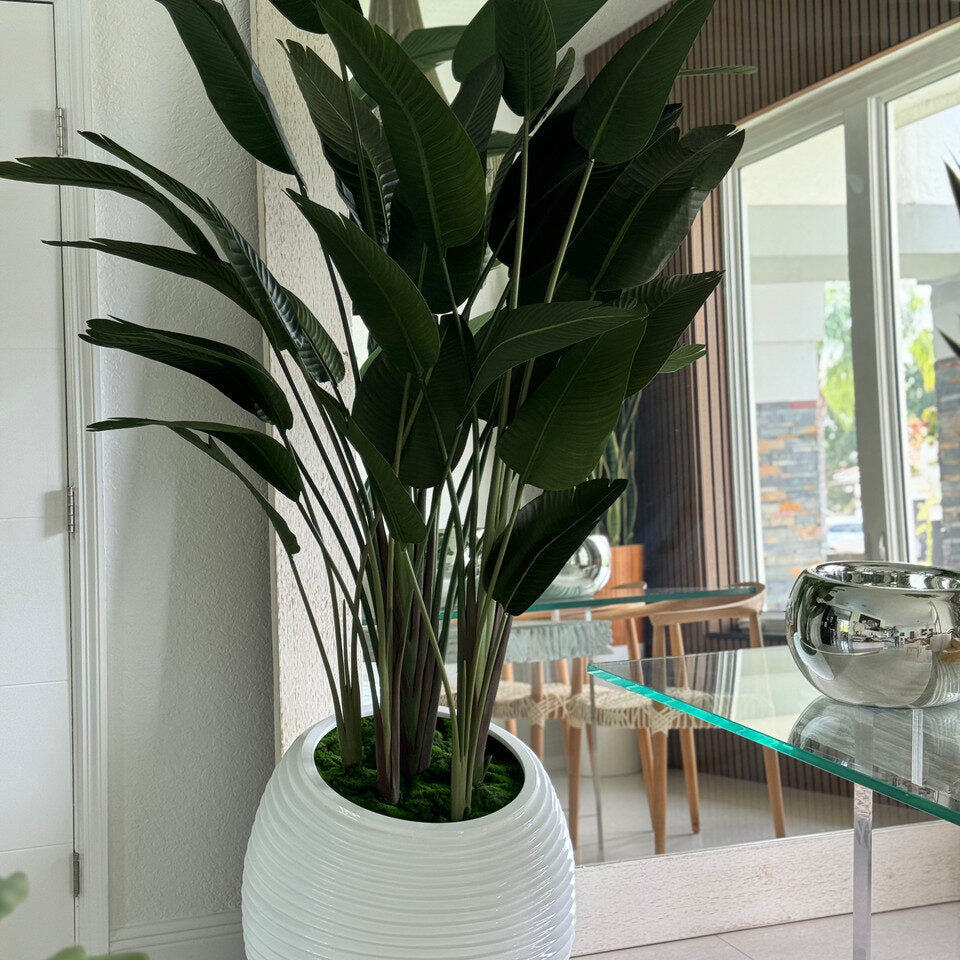 Luxury Artificial Bird of Paradise – White Textured Round Vase Edition