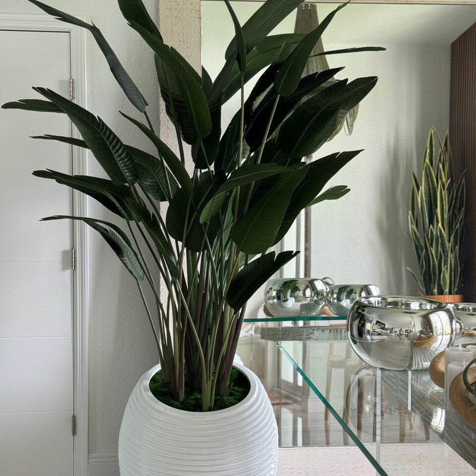 Luxury Artificial Bird of Paradise – White Textured Round Vase Edition
