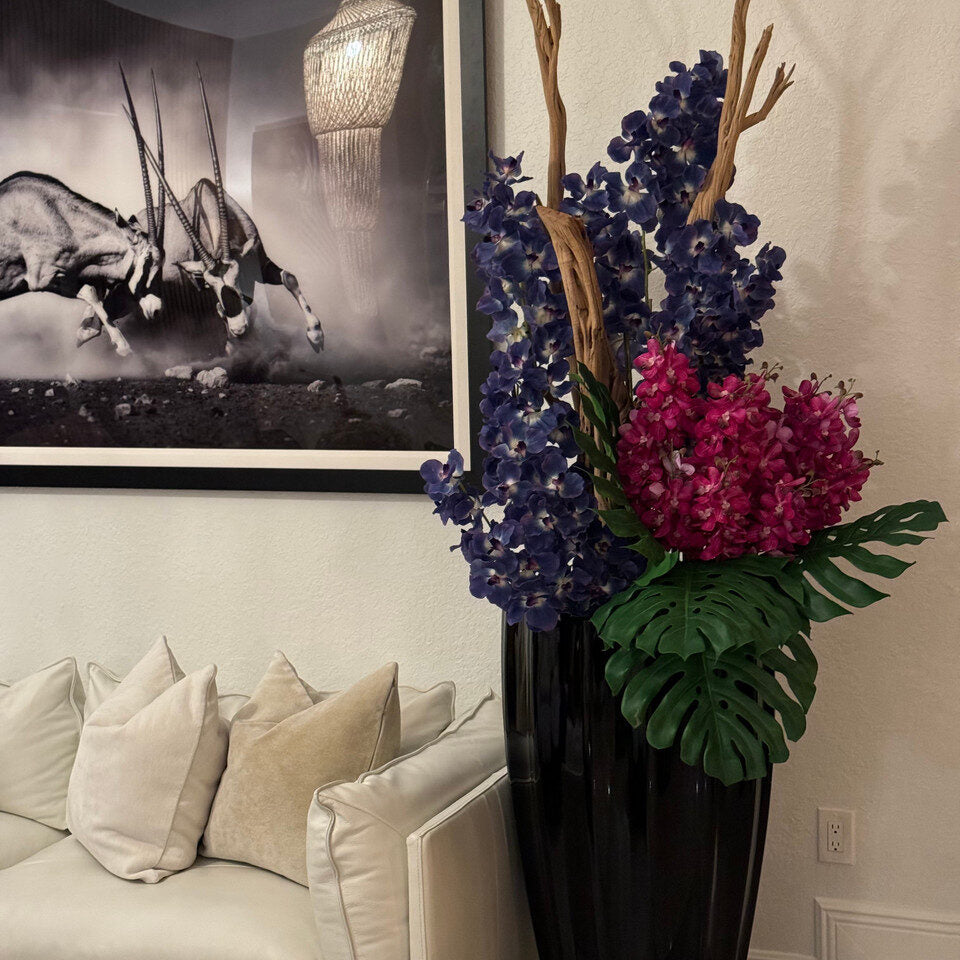 Grand Midnight Orchid & Fuchsia Garden in Tall Black Sculptural Vase