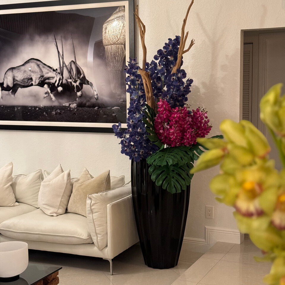 Grand Midnight Orchid & Fuchsia Garden in Tall Black Sculptural Vase
