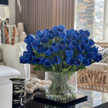 Royal Sapphire Tulip Arrangement in Clear Glass Cylinder Vase