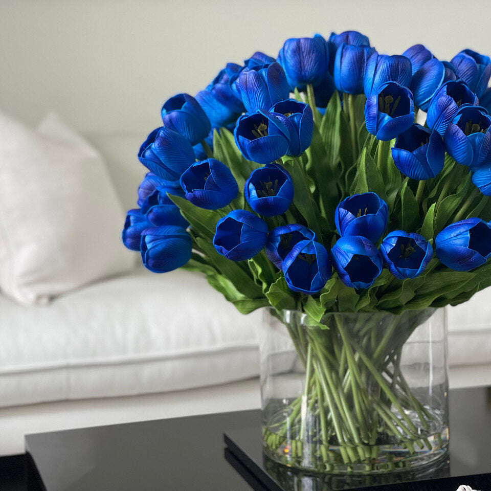 Royal Sapphire Tulip Arrangement in Clear Glass Cylinder Vase