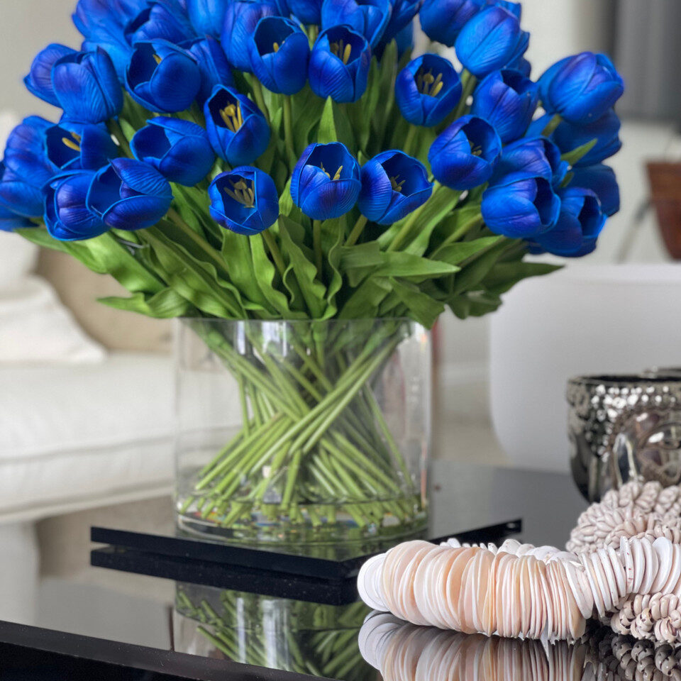 Royal Sapphire Tulip Arrangement in Clear Glass Cylinder Vase