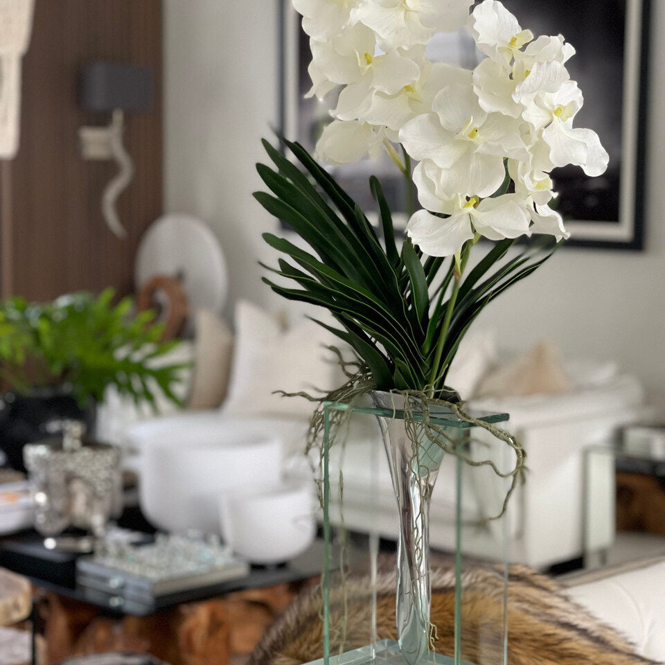 Minimal White Orchid Sculpture in Polished Silver Vase