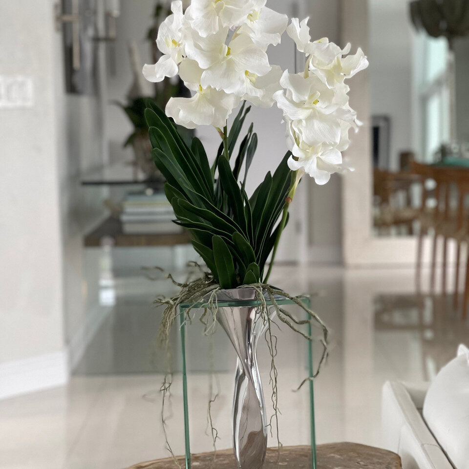 Minimal White Orchid Sculpture in Polished Silver Vase