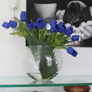 Sapphire Blue Tulip Arrangement in Round Clear Glass Vase
