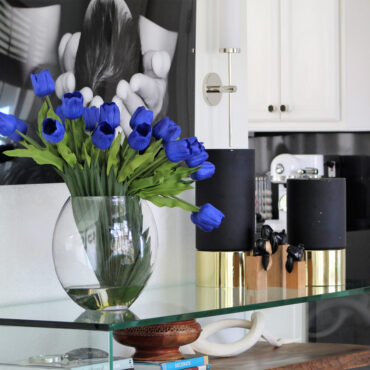 Sapphire Blue Tulip Arrangement in Round Clear Glass Vase