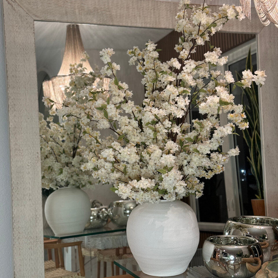 White Artificial Cherry Blossom Statement Arrangement – Textured Matte Ceramic Vase