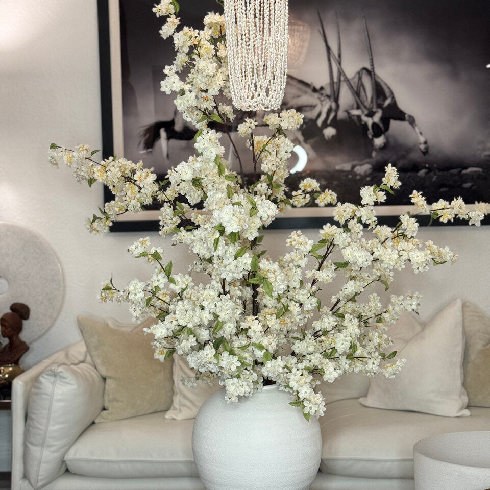 White Artificial Cherry Blossom Statement Arrangement – Textured Matte Ceramic Vase