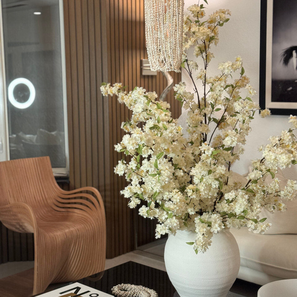 White Artificial Cherry Blossom Statement Arrangement – Textured Matte Ceramic Vase