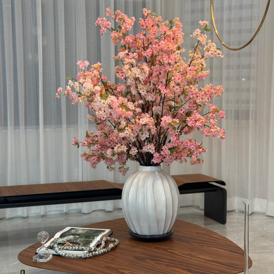 Pink Artificial Cherry Blossom Centerpiece – Sculpted Ceramic Vase Collection