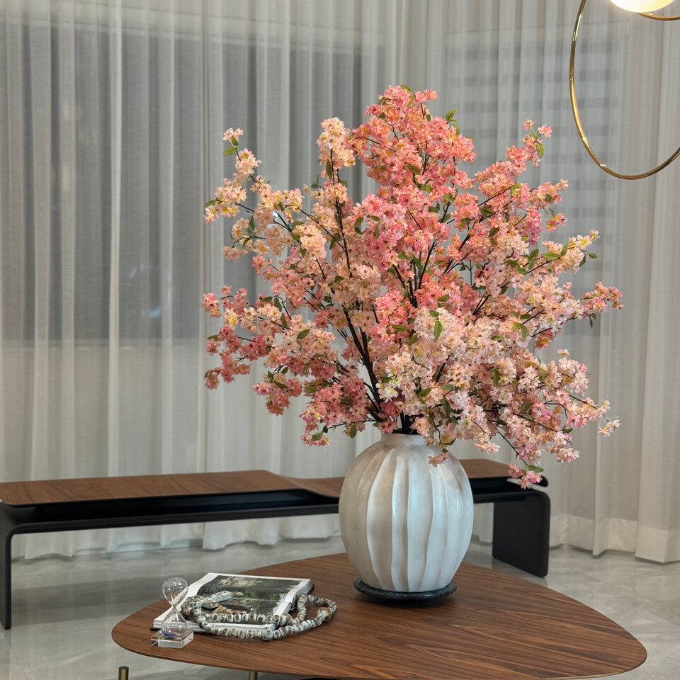 Pink Artificial Cherry Blossom Centerpiece – Sculpted Ceramic Vase Collection