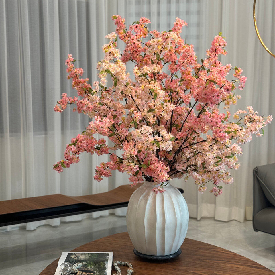 Pink Artificial Cherry Blossom Centerpiece – Sculpted Ceramic Vase Collection