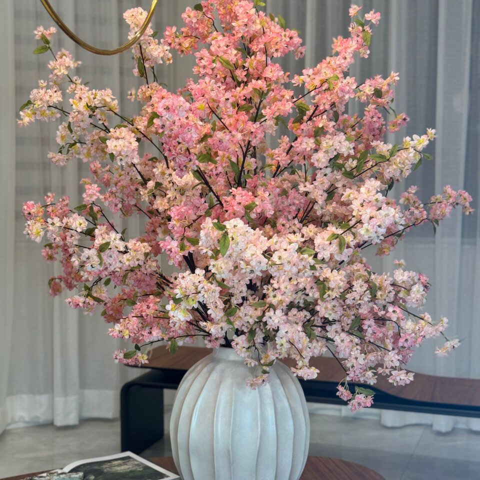 Pink Artificial Cherry Blossom Centerpiece – Sculpted Ceramic Vase Collection