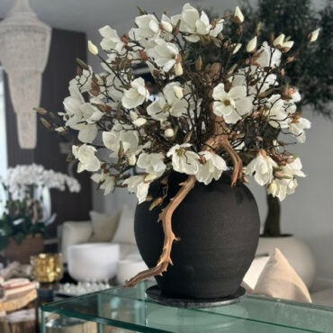 White Magnolia Arrangement in Matte Black Ceramic Vase
