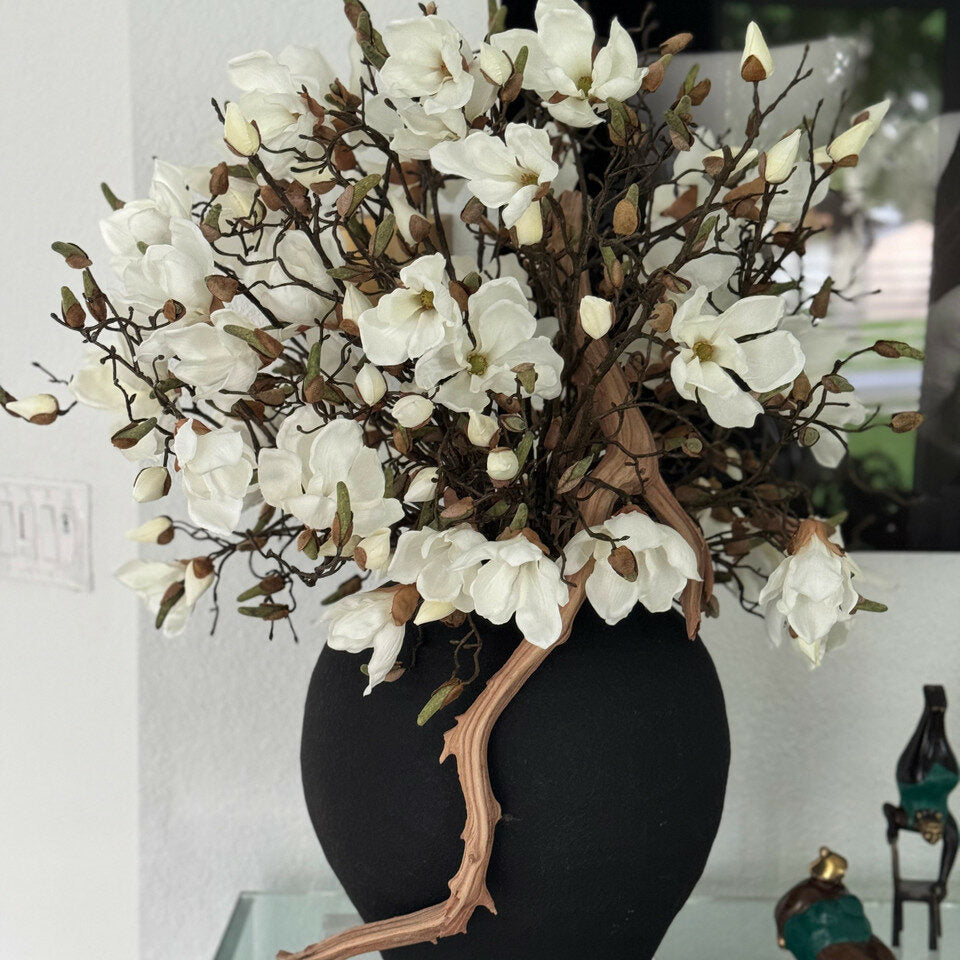 White Magnolia Arrangement in Matte Black Ceramic Vase
