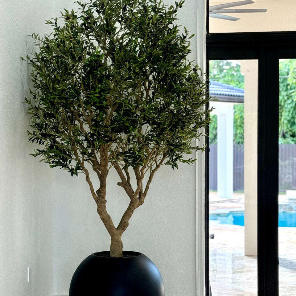 Luxury Artificial Mediterranean Olive Tree – Matte Black Sphere Vase Edition