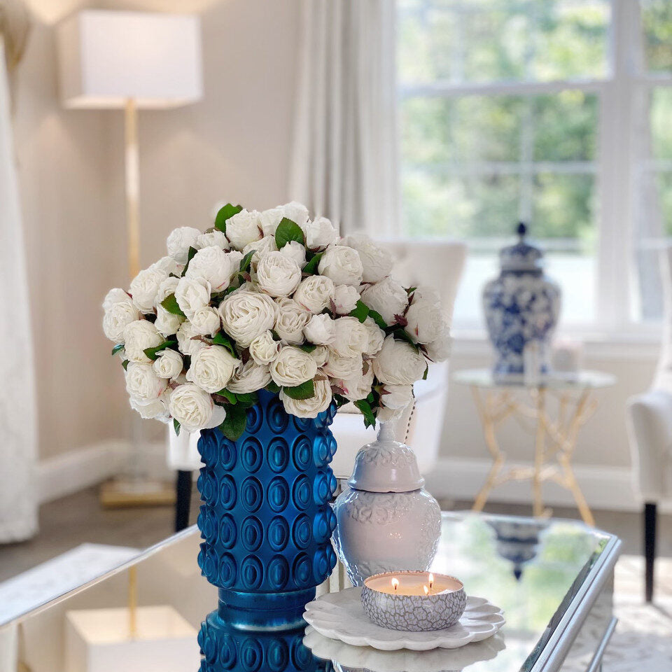 White Rose Luxe Bouquet in Sculpted Cobalt Vase