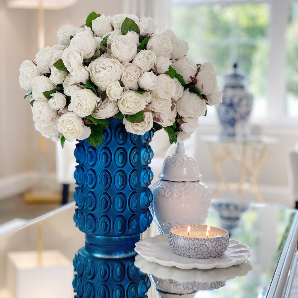 White Rose Luxe Bouquet in Sculpted Cobalt Vase