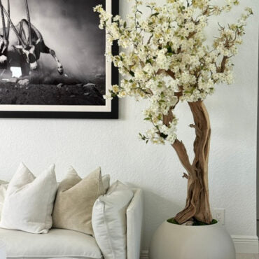 Premium Artificial White Cherry Blossom Tree – Matte Stone Round Vase Edition