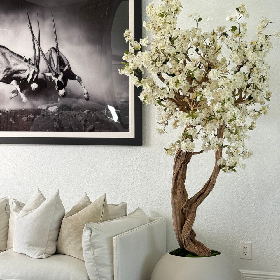 Premium Artificial White Cherry Blossom Tree – Matte Stone Round Vase Edition