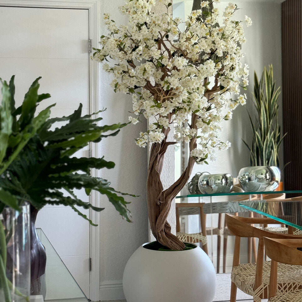 Premium Artificial White Cherry Blossom Tree – Matte Stone Round Vase Edition