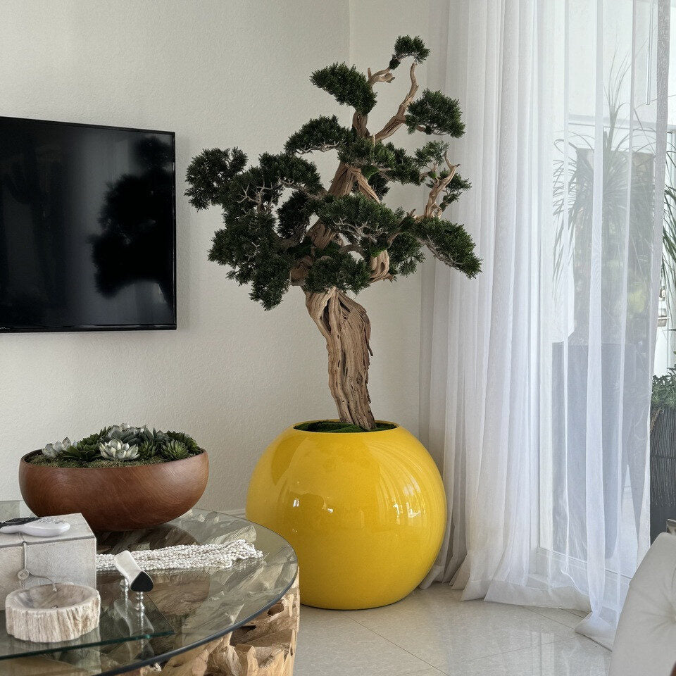 Luxury Artificial Bonsai Sculpture Tree – Gloss Yellow Sphere Vase Edition