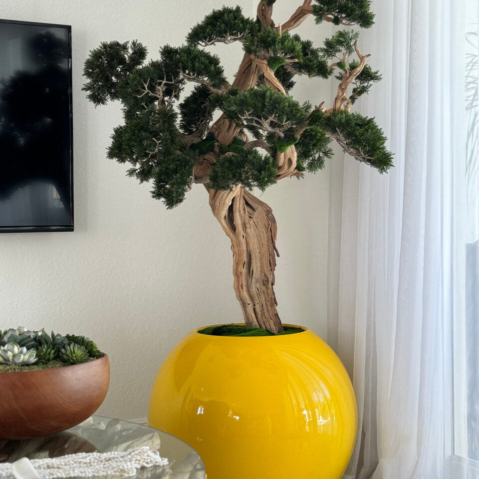 Luxury Artificial Bonsai Sculpture Tree – Gloss Yellow Sphere Vase Edition