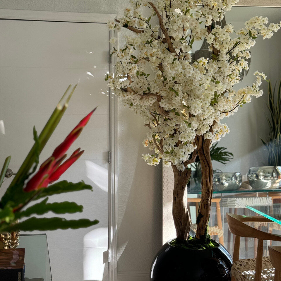 Luxury Artificial White Cherry Blossom Tree – Black Gloss Round Vase Edition