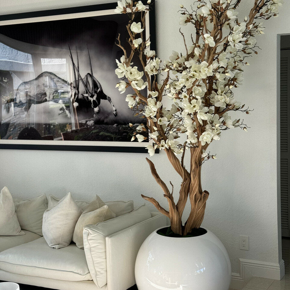 Grand Tall Magnolia Sculpture in Gloss White Sphere Vase