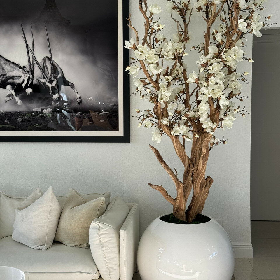 Grand Tall Magnolia Sculpture in Gloss White Sphere Vase