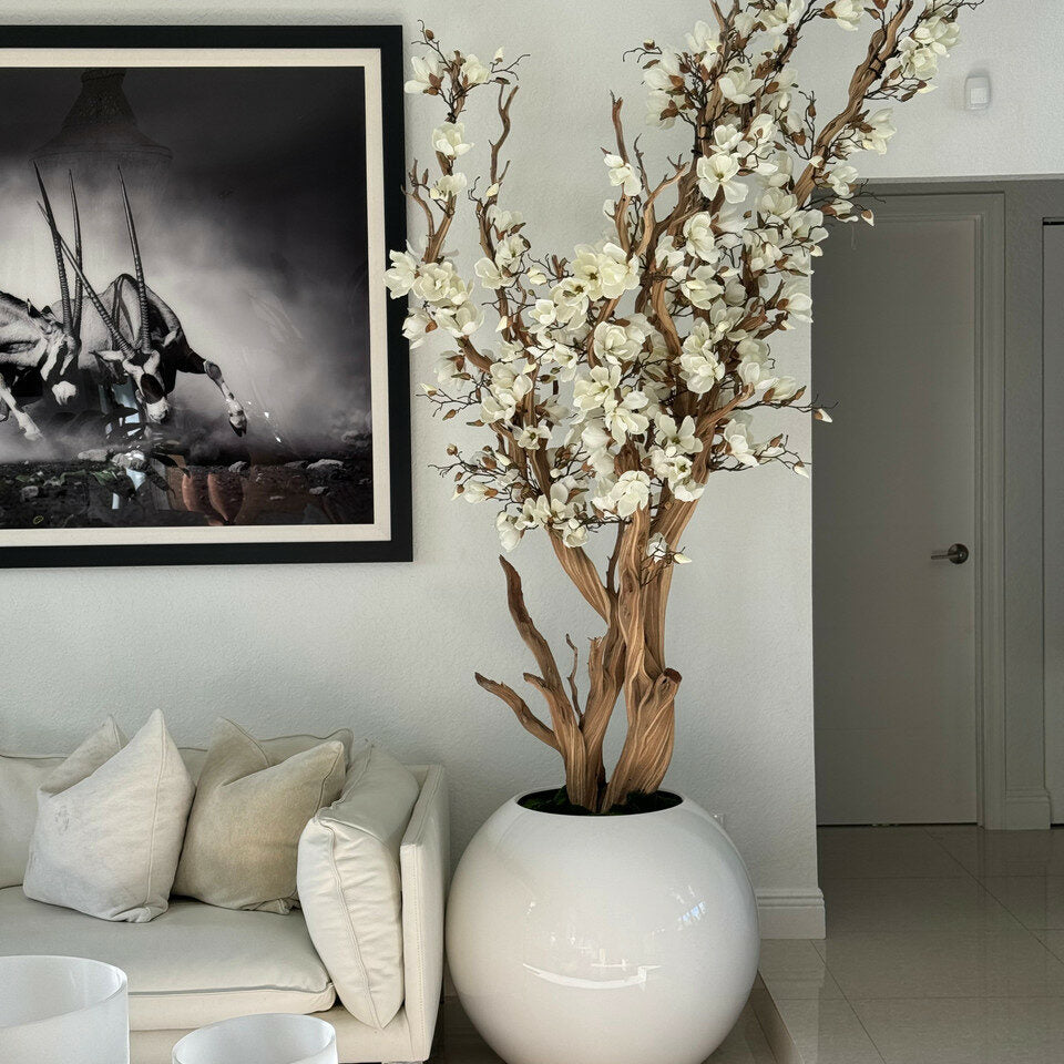 Grand Tall Magnolia Sculpture in Gloss White Sphere Vase