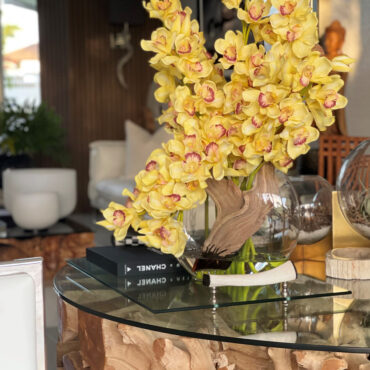 Yellow Cymbidiums in Moon Vase