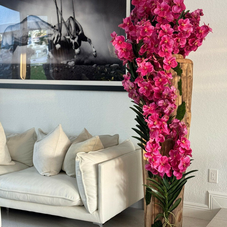Cascading Hot Pink Orchid Installation in Natural Wood Sculptural Base