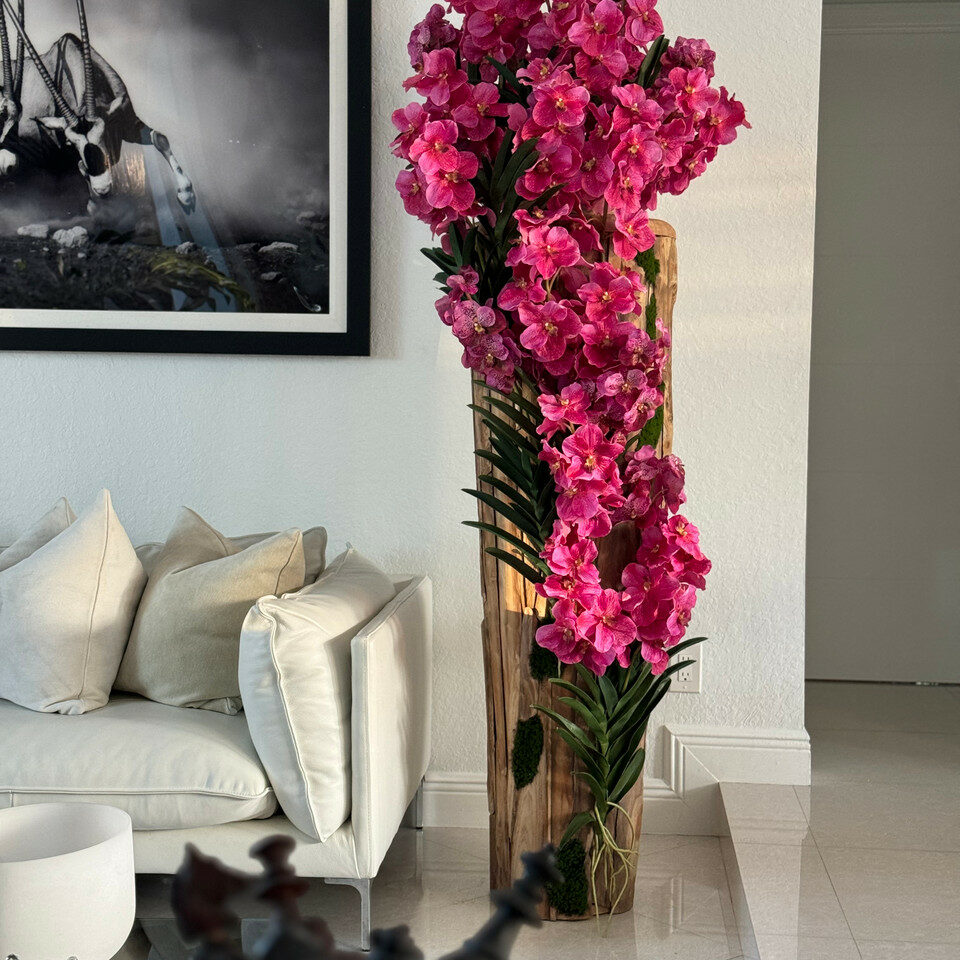 Cascading Hot Pink Orchid Installation in Natural Wood Sculptural Base