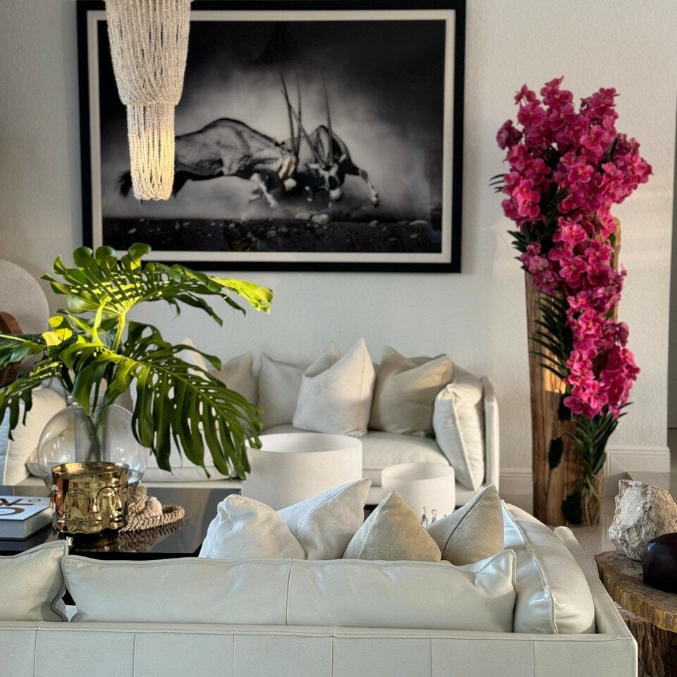 Cascading Hot Pink Orchid Installation in Natural Wood Sculptural Base