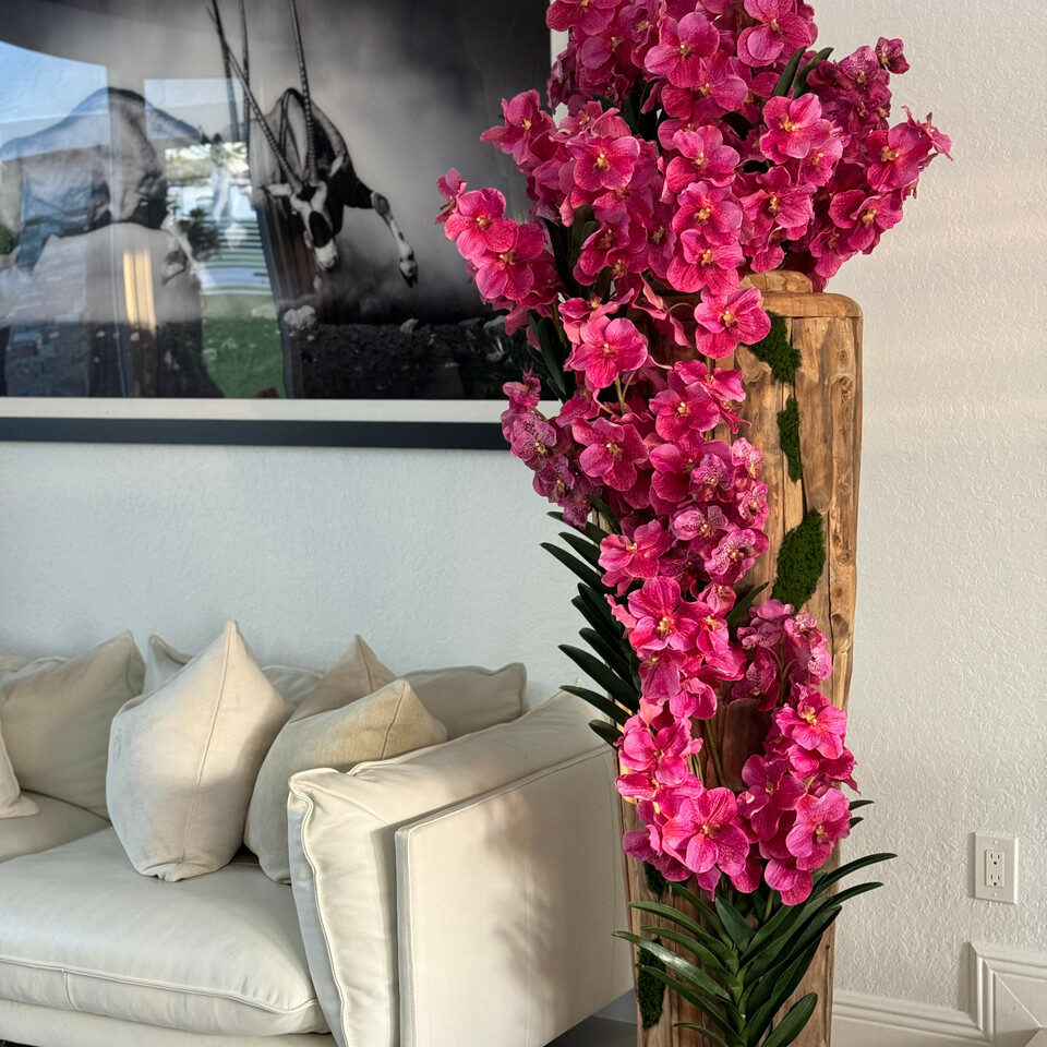 Cascading Hot Pink Orchid Installation in Natural Wood Sculptural Base