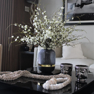 White Bloom Branch Arrangement in Textured Charcoal Vase
