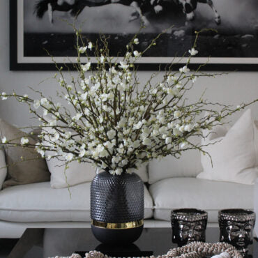 White Bloom Branch Arrangement in Textured Charcoal Vase