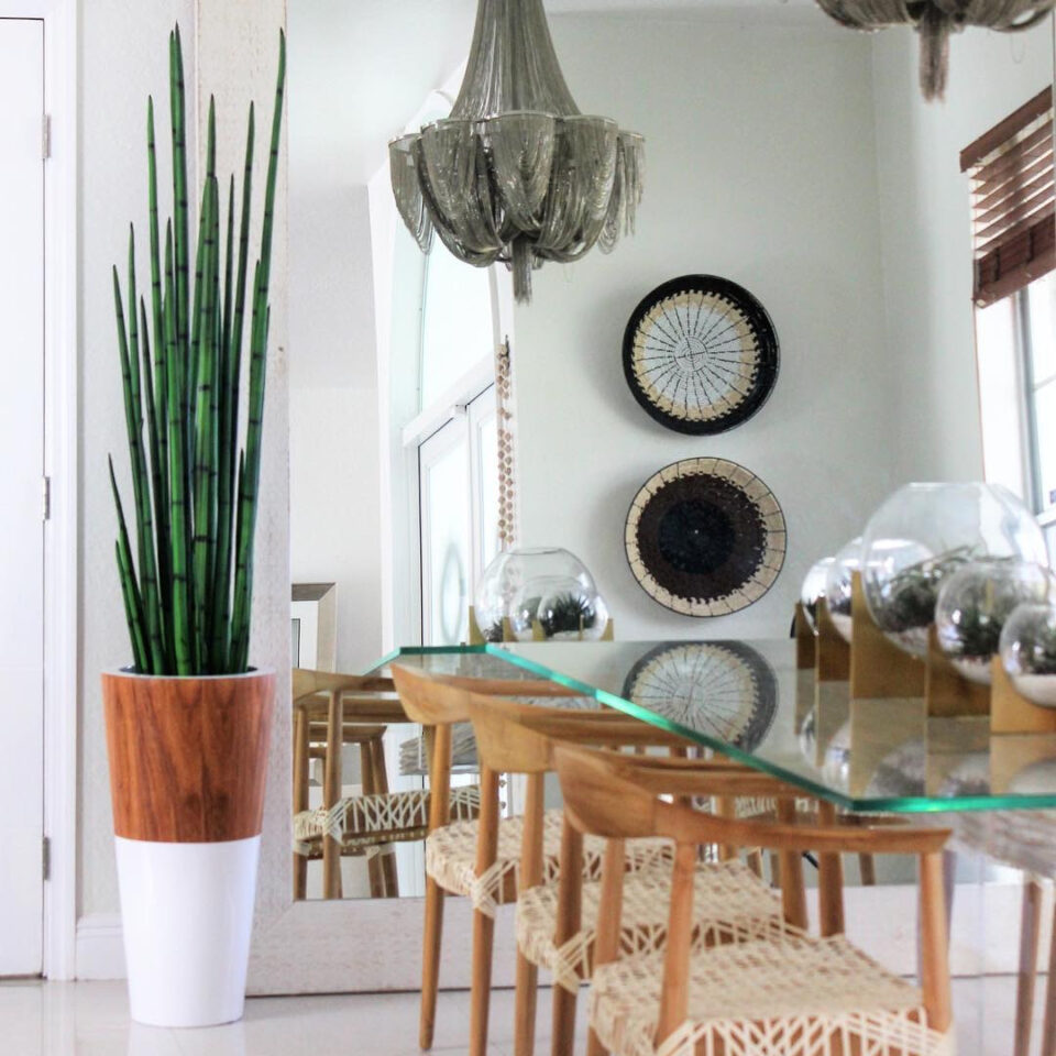 Tall Bamboo Reed Arrangement in Two-Tone Wood & Ivory Planter