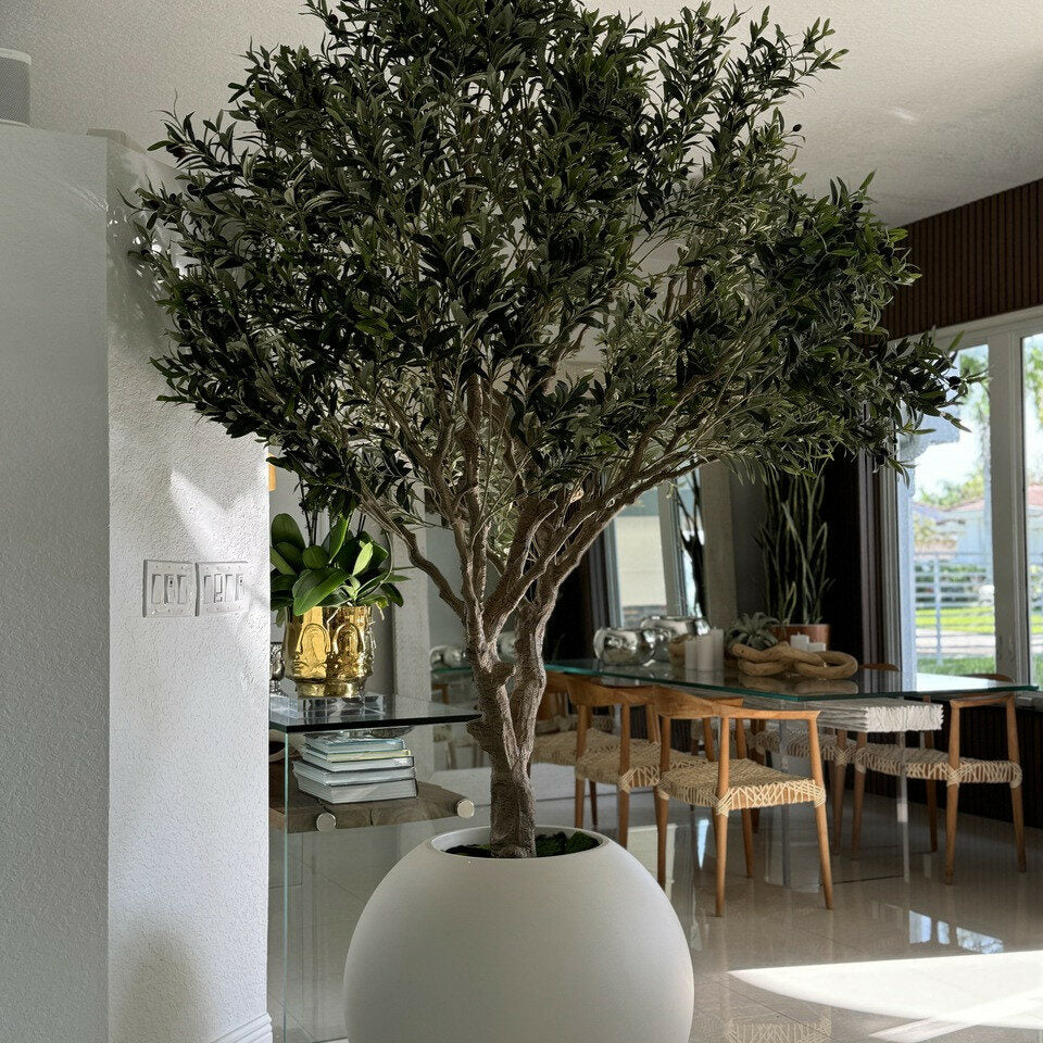 Luxury Artificial Mediterranean Olive Tree – Matte White Sphere Vase Edition