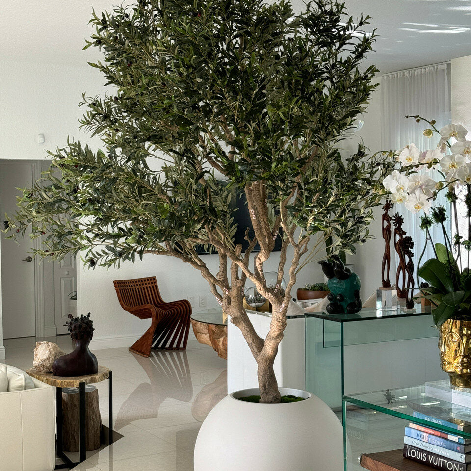 Luxury Artificial Mediterranean Olive Tree – Matte White Sphere Vase Edition