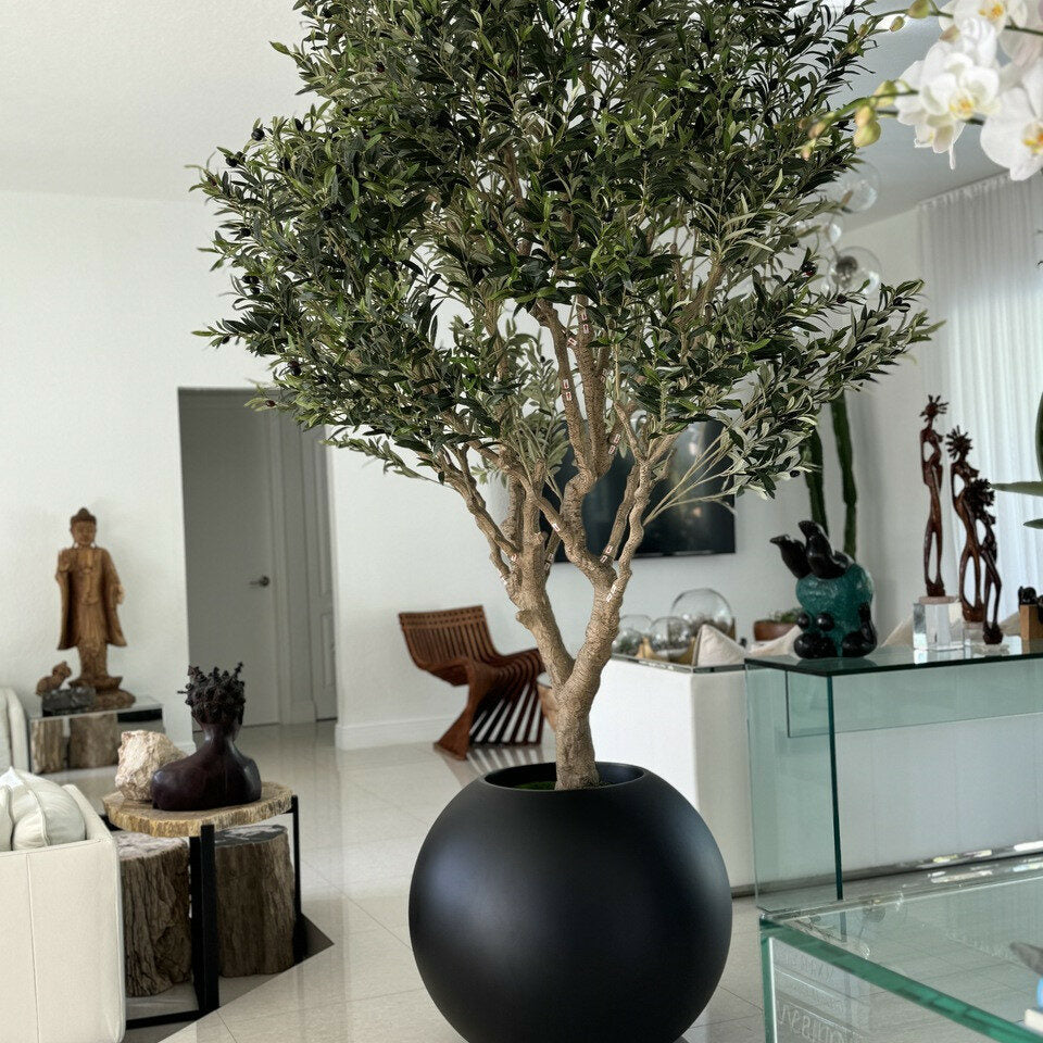 Luxury Artificial Mediterranean Olive Tree – Matte Black Sphere Vase Edition